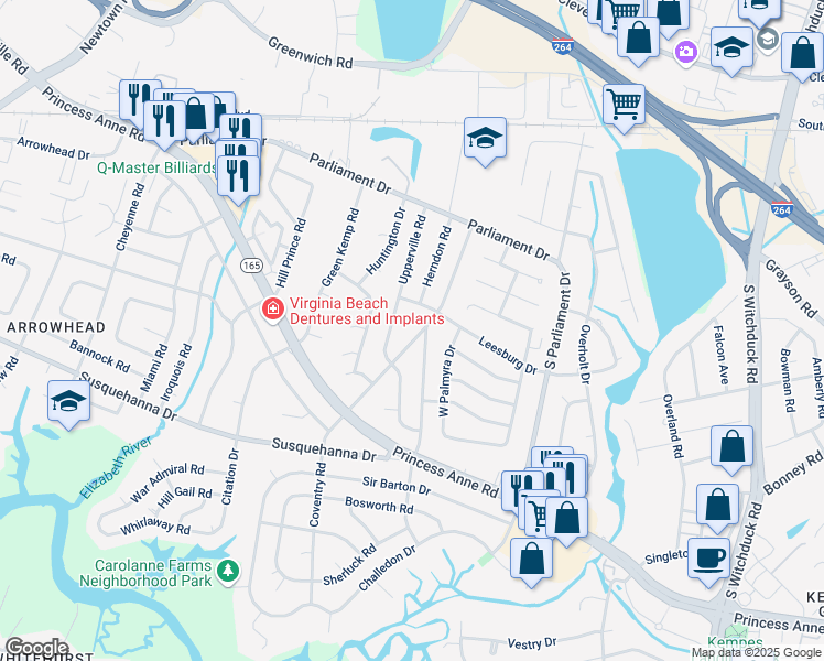 map of restaurants, bars, coffee shops, grocery stores, and more near 213 Coventry Road in Virginia Beach