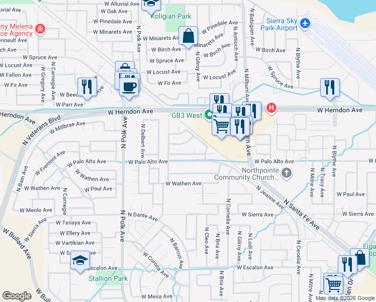 map of restaurants, bars, coffee shops, grocery stores, and more near 5207 West Fremont Avenue in Fresno