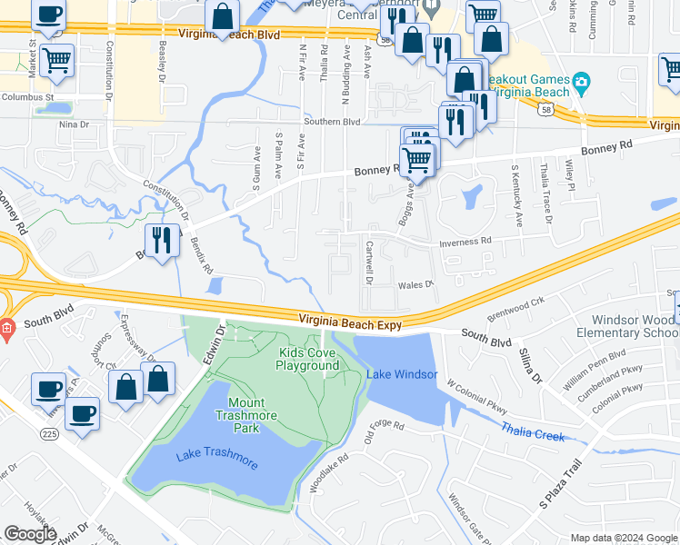 map of restaurants, bars, coffee shops, grocery stores, and more near 249 South Budding Avenue in Virginia Beach