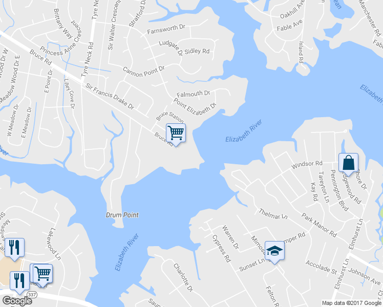 map of restaurants, bars, coffee shops, grocery stores, and more near 3800 Bruce Road in Chesapeake