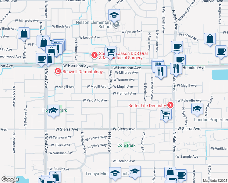 map of restaurants, bars, coffee shops, grocery stores, and more near 1388 West Fremont Avenue in Fresno