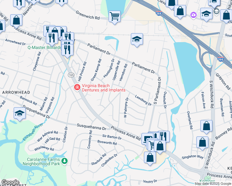 map of restaurants, bars, coffee shops, grocery stores, and more near 213 Coventry Road in Virginia Beach