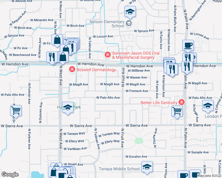 map of restaurants, bars, coffee shops, grocery stores, and more near 1449 West Fremont Avenue in Fresno
