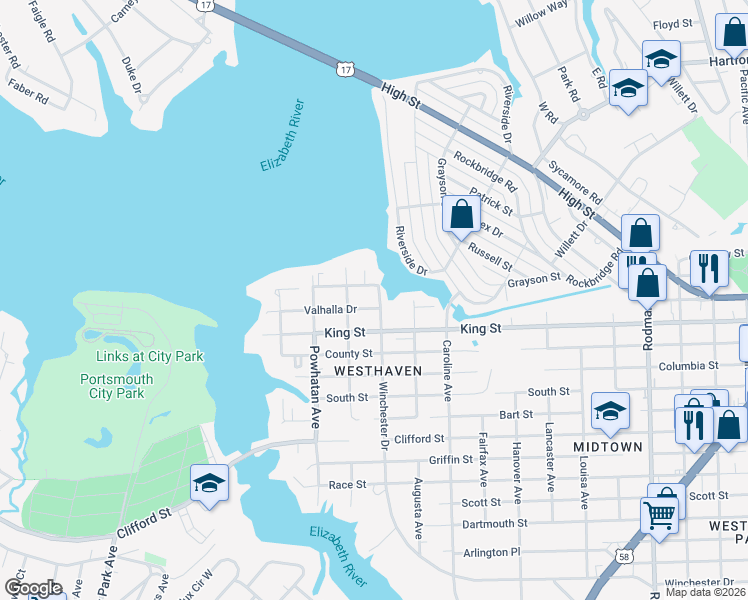 map of restaurants, bars, coffee shops, grocery stores, and more near 4500 Valhalla Drive in Portsmouth
