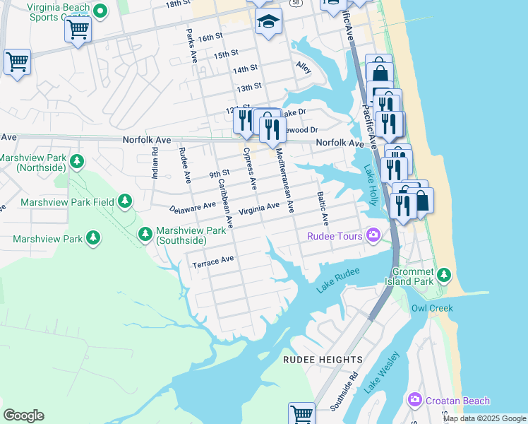 map of restaurants, bars, coffee shops, grocery stores, and more near 603 Cypress Avenue in Virginia Beach