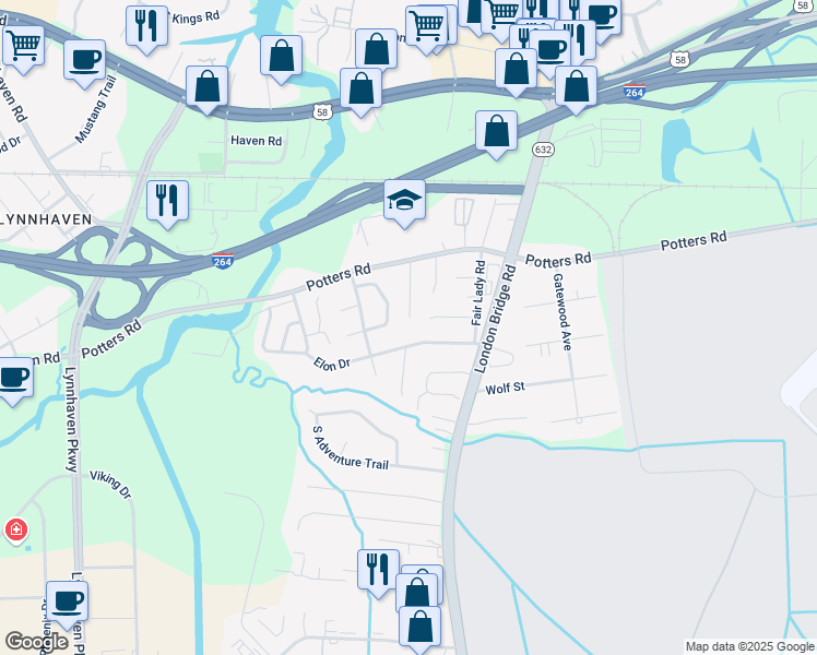 map of restaurants, bars, coffee shops, grocery stores, and more near 2464 Elon Drive in Virginia Beach