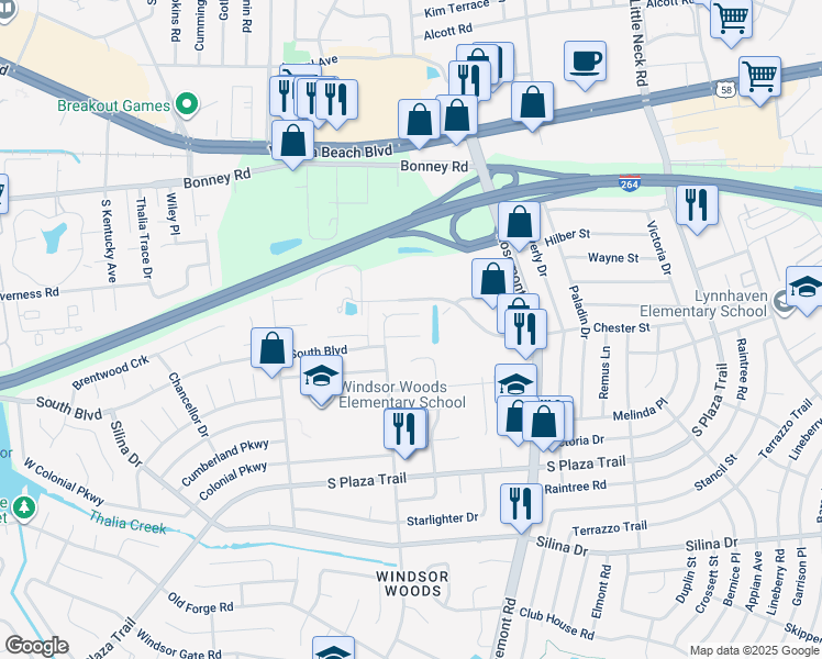 map of restaurants, bars, coffee shops, grocery stores, and more near 3712 Bentley Gate Way in Virginia Beach