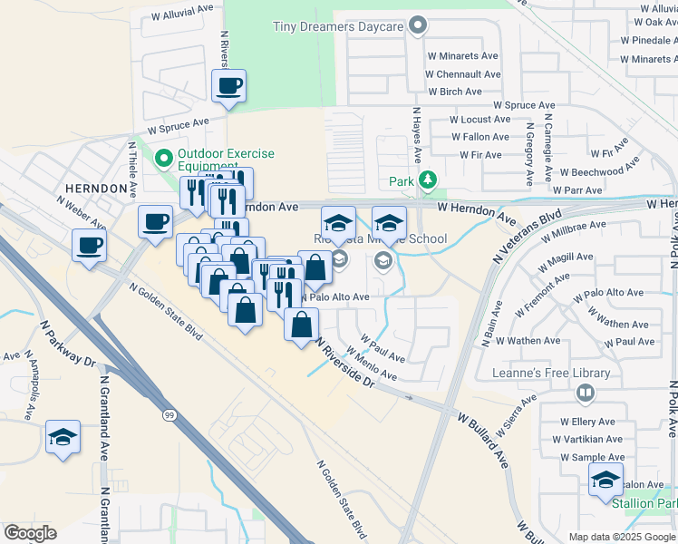 map of restaurants, bars, coffee shops, grocery stores, and more near 6240 West Palo Alto Avenue in Fresno