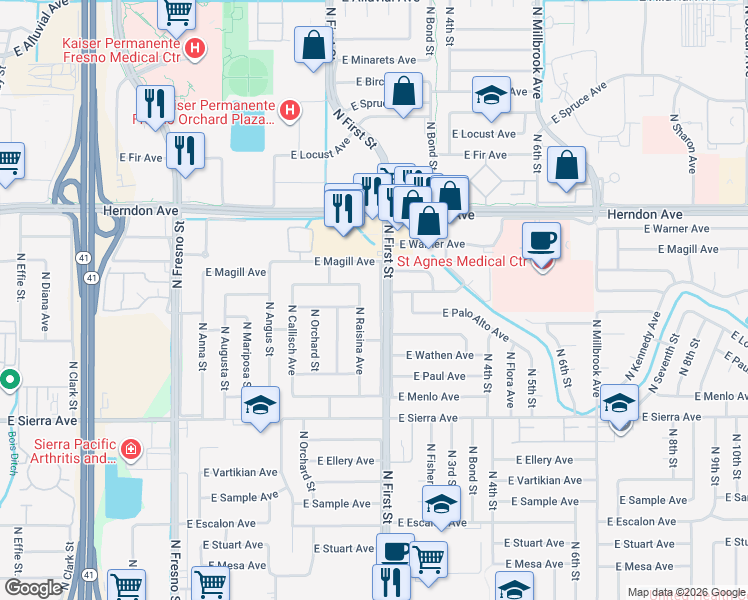 map of restaurants, bars, coffee shops, grocery stores, and more near 6597 North Raisina Avenue in Fresno