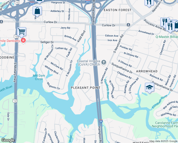 map of restaurants, bars, coffee shops, grocery stores, and more near 348 Dorwin Drive in Norfolk