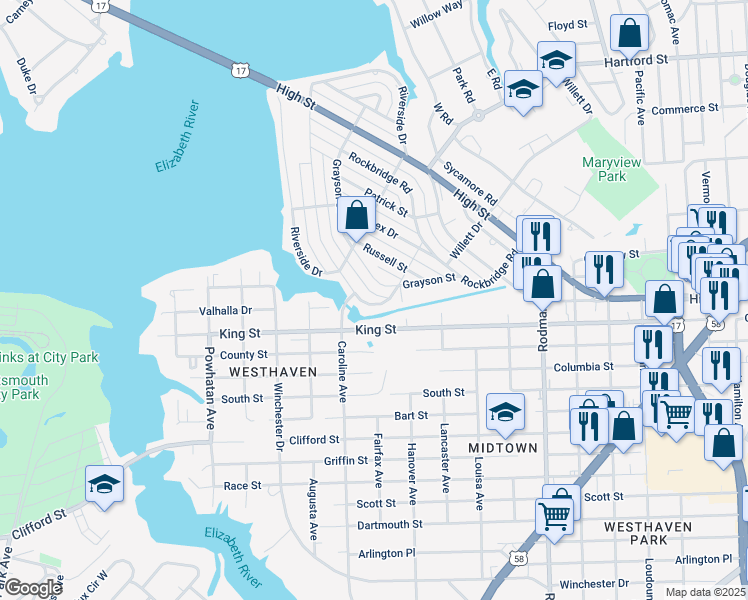 map of restaurants, bars, coffee shops, grocery stores, and more near 623 Shenandoah Street in Portsmouth