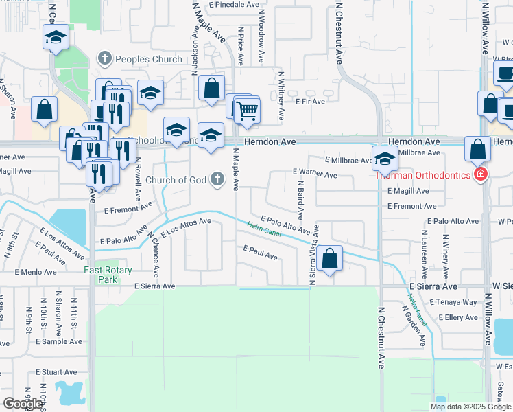 map of restaurants, bars, coffee shops, grocery stores, and more near 2564 East Palo Alto Avenue in Fresno