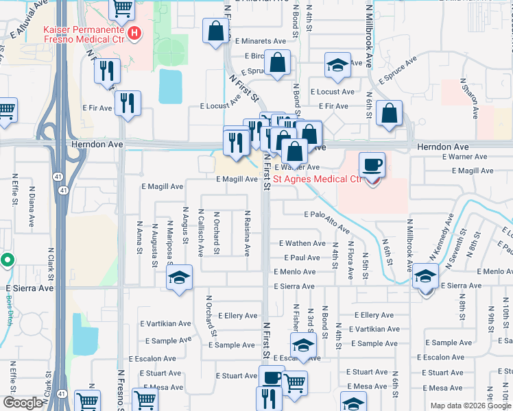map of restaurants, bars, coffee shops, grocery stores, and more near 6597 North Raisina Avenue in Fresno