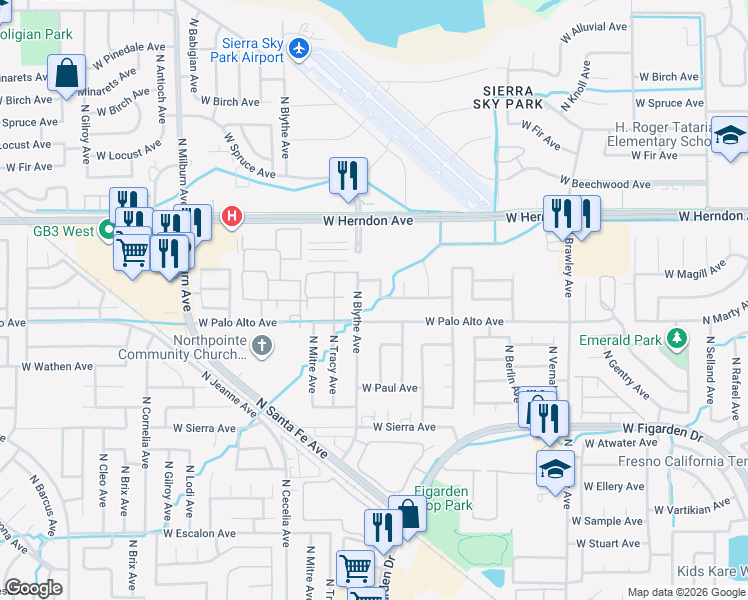 map of restaurants, bars, coffee shops, grocery stores, and more near 6620 North Blythe Avenue in Fresno