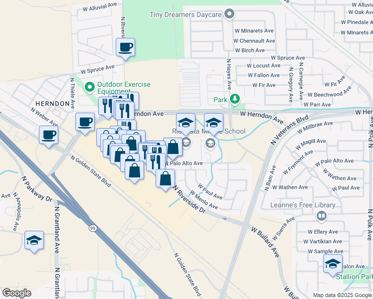 map of restaurants, bars, coffee shops, grocery stores, and more near 6302 West Los Altos Avenue in Fresno
