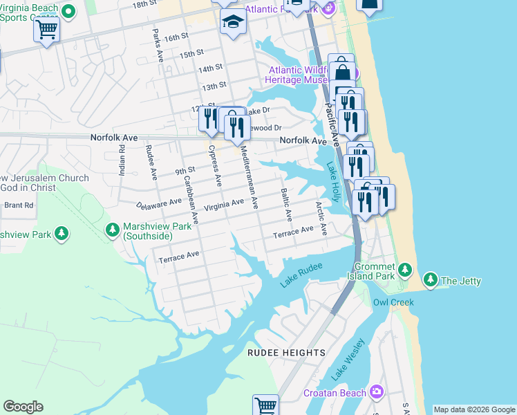 map of restaurants, bars, coffee shops, grocery stores, and more near 530 Carolina Avenue in Virginia Beach