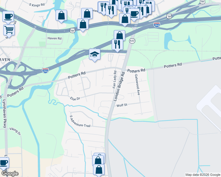 map of restaurants, bars, coffee shops, grocery stores, and more near 2228 Elon Drive in Virginia Beach