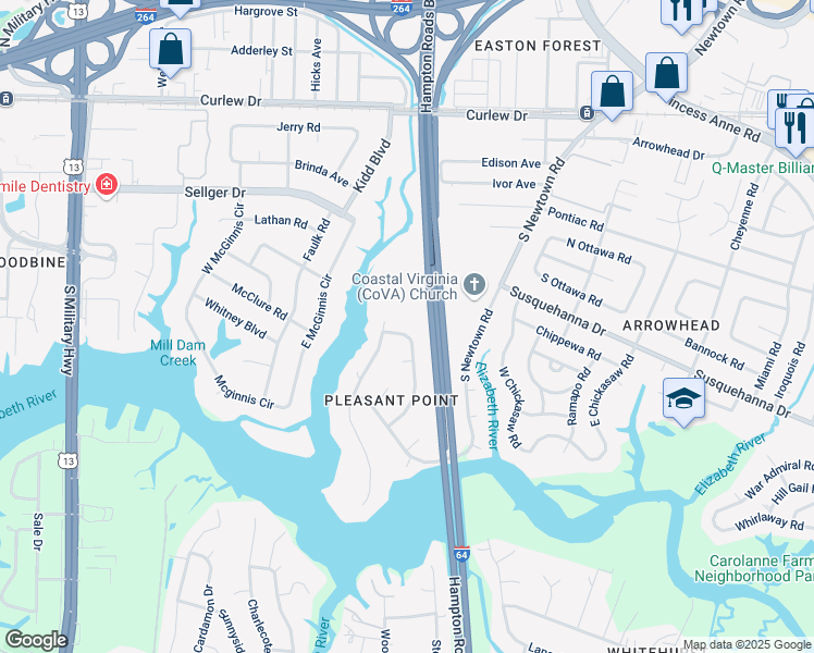 map of restaurants, bars, coffee shops, grocery stores, and more near 348 Dorwin Drive in Norfolk