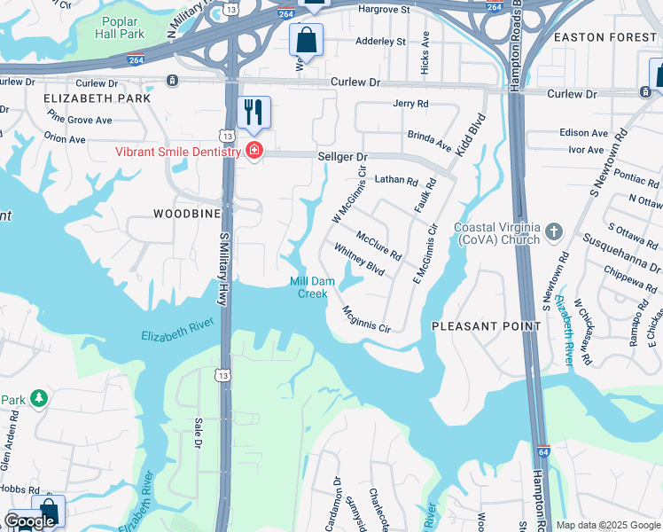map of restaurants, bars, coffee shops, grocery stores, and more near 333 West McGinnis Circle in Norfolk