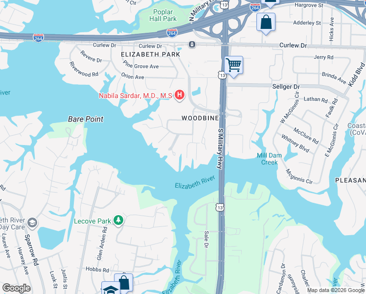 map of restaurants, bars, coffee shops, grocery stores, and more near 420 Shorewood Court in Norfolk