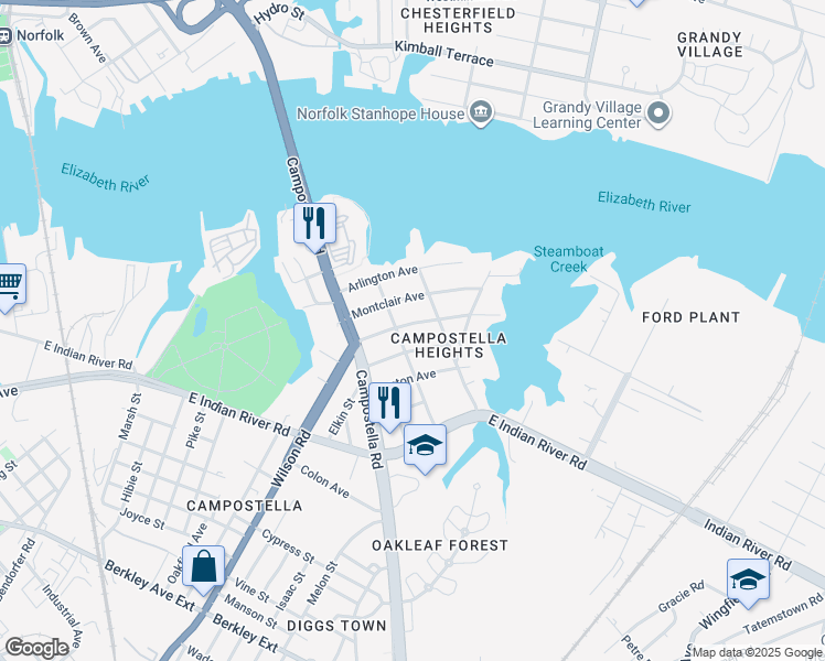 map of restaurants, bars, coffee shops, grocery stores, and more near in Norfolk