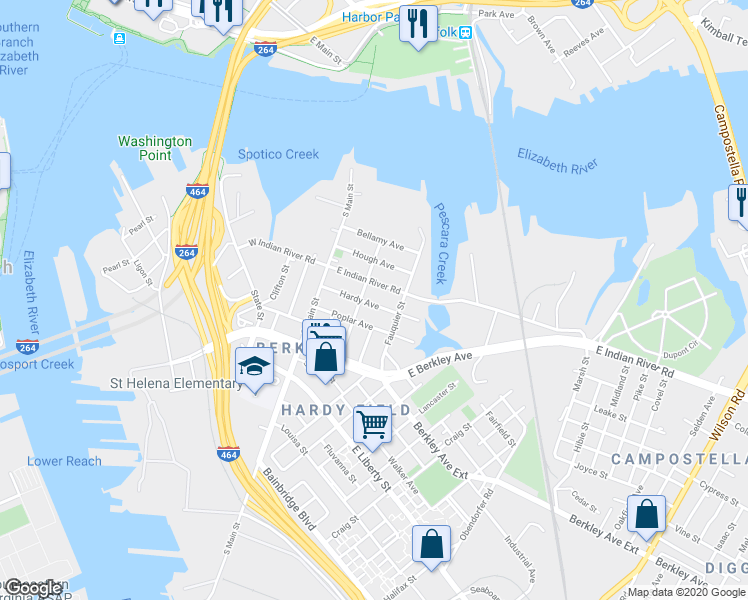 map of restaurants, bars, coffee shops, grocery stores, and more near 227 Hardy Avenue in Norfolk