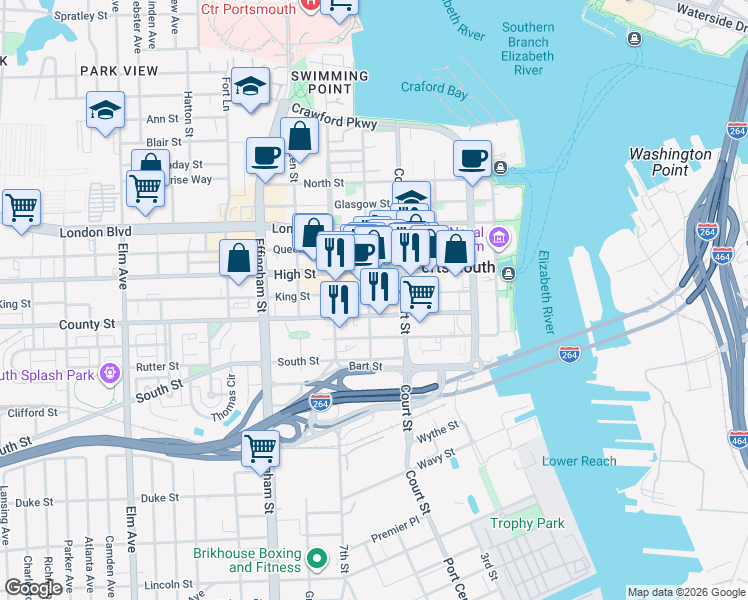 map of restaurants, bars, coffee shops, grocery stores, and more near 422 County Street in Portsmouth