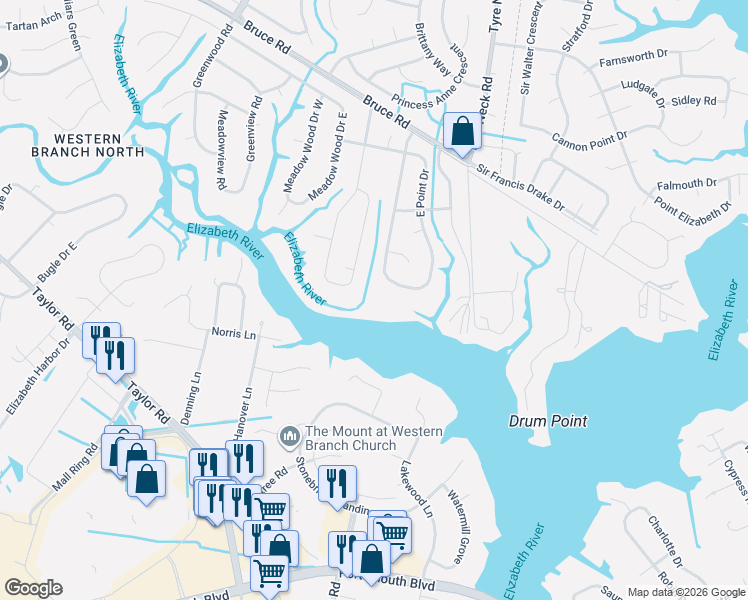 map of restaurants, bars, coffee shops, grocery stores, and more near 2753 East Meadow Drive in Chesapeake