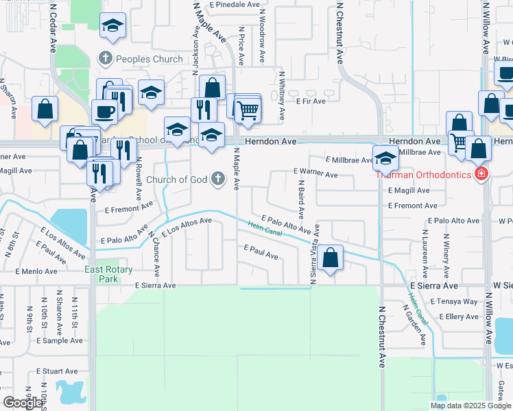 map of restaurants, bars, coffee shops, grocery stores, and more near 2564 East Palo Alto Avenue in Fresno