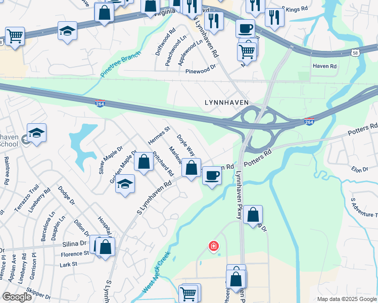 map of restaurants, bars, coffee shops, grocery stores, and more near 247 Doyle Way in Virginia Beach