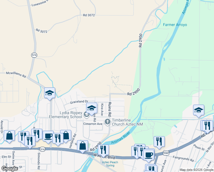 map of restaurants, bars, coffee shops, grocery stores, and more near 70 Road 2900 in Aztec