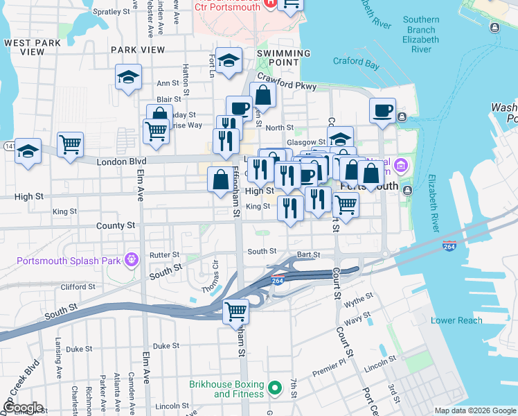 map of restaurants, bars, coffee shops, grocery stores, and more near 615 Green Street in Portsmouth