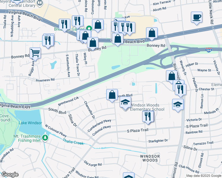 map of restaurants, bars, coffee shops, grocery stores, and more near 117 Palace Green Boulevard in Virginia Beach