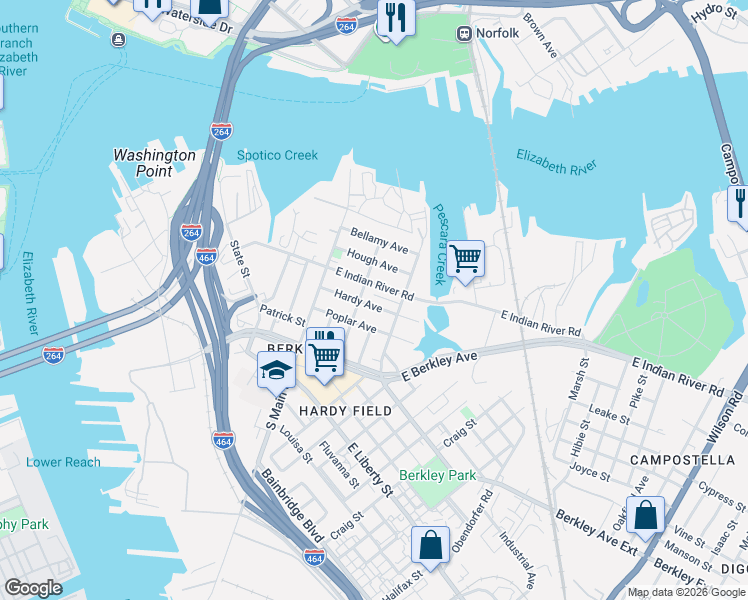 map of restaurants, bars, coffee shops, grocery stores, and more near 227 Hardy Avenue in Norfolk