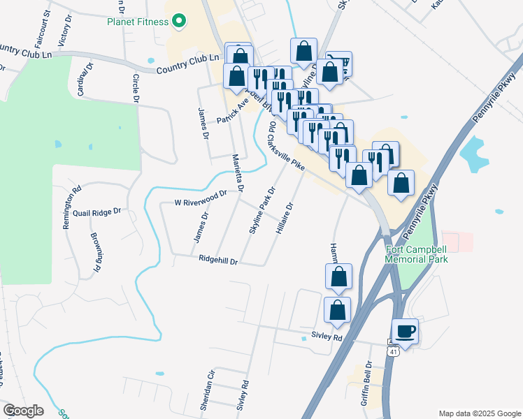 map of restaurants, bars, coffee shops, grocery stores, and more near 304 Skyline Park Drive in Hopkinsville