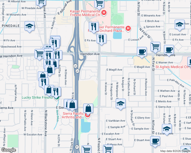 map of restaurants, bars, coffee shops, grocery stores, and more near 6655 North Fresno Street in Fresno
