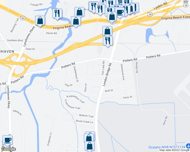map of restaurants, bars, coffee shops, grocery stores, and more near 2433 Casey Court in Virginia Beach