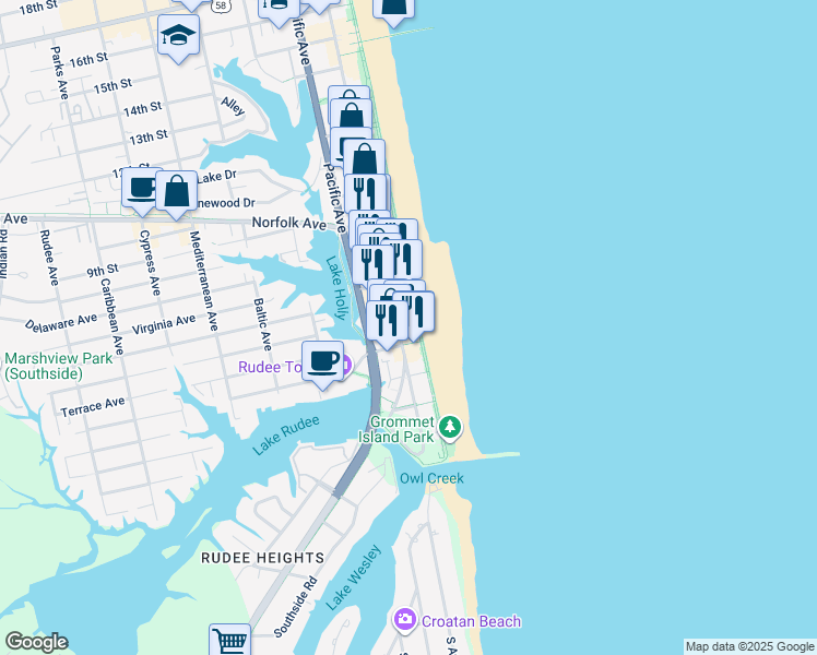 map of restaurants, bars, coffee shops, grocery stores, and more near 501 Atlantic Avenue in Virginia Beach