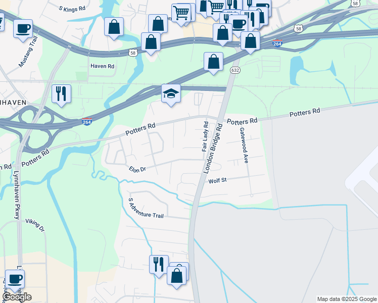 map of restaurants, bars, coffee shops, grocery stores, and more near 2433 Casey Court in Virginia Beach