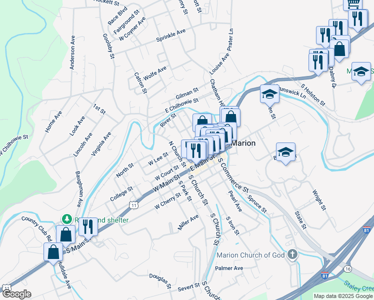 map of restaurants, bars, coffee shops, grocery stores, and more near 117 East Strother Street in Marion