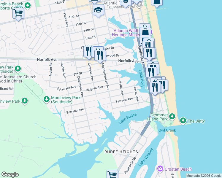 map of restaurants, bars, coffee shops, grocery stores, and more near 530 Carolina Avenue in Virginia Beach