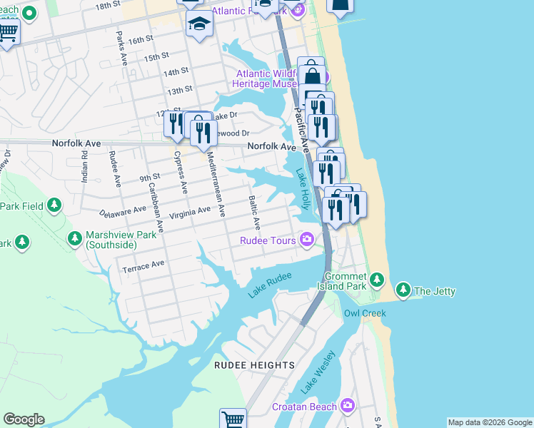 map of restaurants, bars, coffee shops, grocery stores, and more near 501 High Point Avenue in Virginia Beach