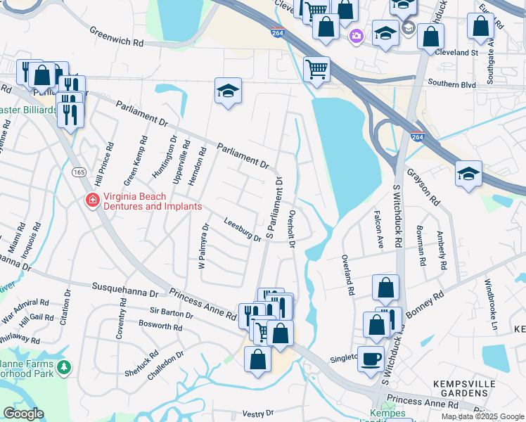 map of restaurants, bars, coffee shops, grocery stores, and more near 231 North Palmyra Drive in Virginia Beach