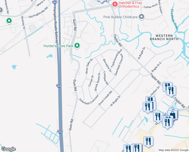 map of restaurants, bars, coffee shops, grocery stores, and more near 2633 Cornet Street in Chesapeake