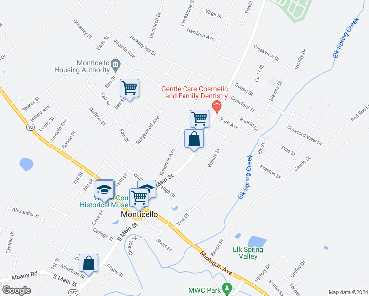 map of restaurants, bars, coffee shops, grocery stores, and more near 38 Fairview Avenue in Monticello