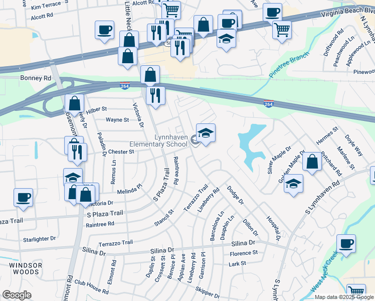 map of restaurants, bars, coffee shops, grocery stores, and more near 3301 Maverick Street in Virginia Beach