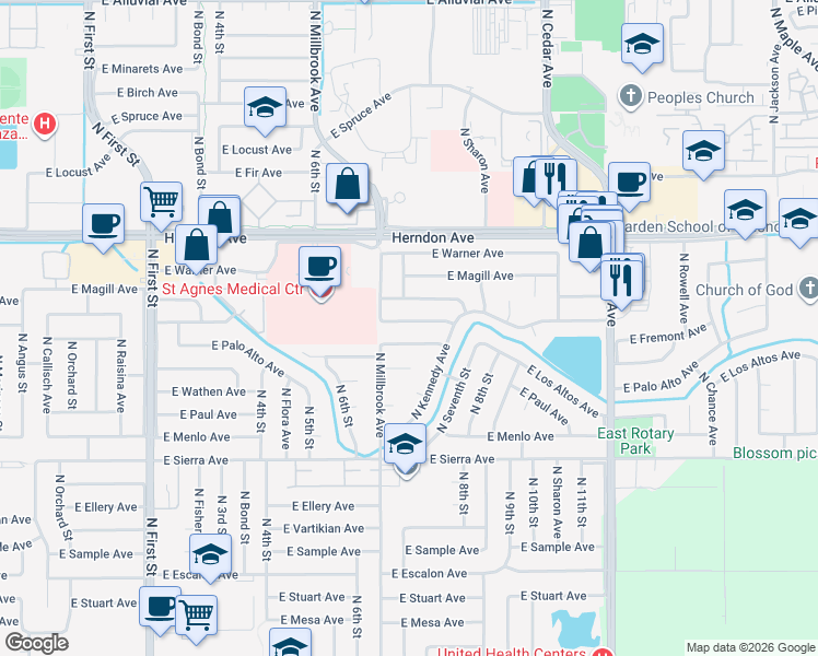 map of restaurants, bars, coffee shops, grocery stores, and more near 1480 East Los Altos Avenue in Fresno