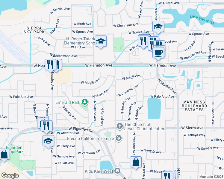 map of restaurants, bars, coffee shops, grocery stores, and more near 6626 North Marty Avenue in Fresno