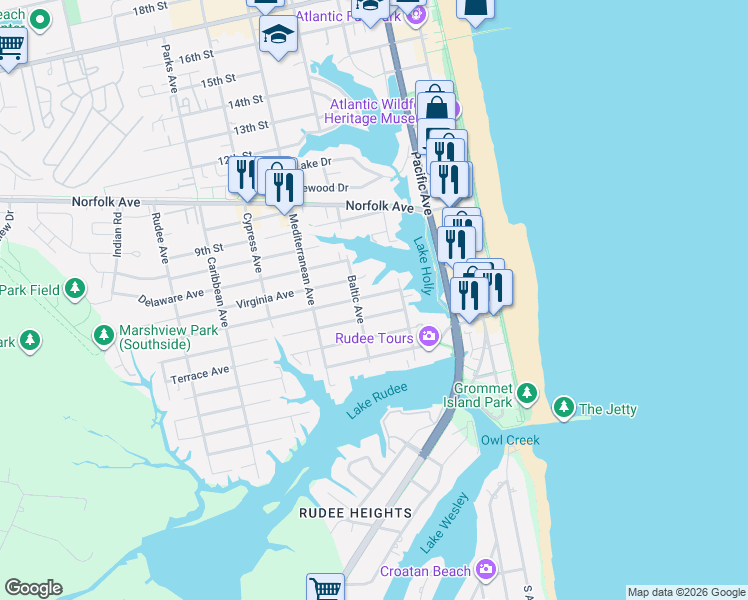 map of restaurants, bars, coffee shops, grocery stores, and more near 501 High Point Avenue in Virginia Beach