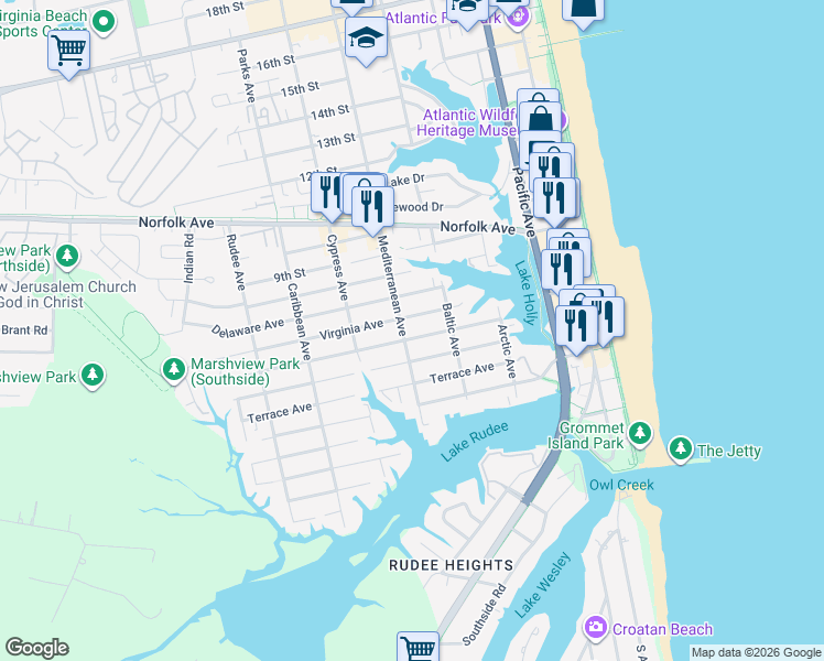 map of restaurants, bars, coffee shops, grocery stores, and more near 530 Carolina Avenue in Virginia Beach